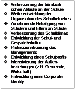 Textfeld: v Verbesserung der bürokrati-schen Abläufe an der Schule
v Weiterentwicklung der Organisation des Schulbetriebes
v Zunehmende Beteiligung von Schülern und Eltern an Schule
v Verbesserung des Schulklimas
v Entwicklung der Schul- und Gesprächskultur
v Professionalisierung des Managements
v Entwicklung eines Schulprofils
v Intensivierung der Außen-beziehungen (z.B. Gemeinde, Wirtschaft)
v Entwicklung einer Corporate Identity