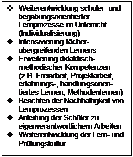 Textfeld: v Weiterentwicklung schüler- und begabungsorientierter Lernprozesse im Unterricht (Individualisierung)
v Intensivierung fächer-übergreifenden Lernens
v Erweiterung didaktisch-methodischer Kompetenzen (z.B. Freiarbeit, Projektarbeit, erfahrungs-, handlungsorien-tiertes Lernen, Methodenlernen)
v Beachten der Nachhaltigkeit von Lernprozessen
v Anleitung der Schüler zu eigenverantwortlichem Arbeiten
v Weiterentwicklung der Lern- und Prüfungskultur