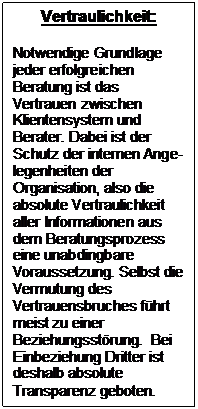 Textfeld: Vertraulichkeit:
Notwendige Grundlage jeder erfolgreichen Beratung ist das Vertrauen zwischen Klientensystem und Berater. Dabei ist der Schutz der internen Ange-legenheiten der Organisation, also die absolute Vertraulichkeit aller Informationen aus dem Beratungsprozess eine unabdingbare Voraussetzung. Selbst die Vermutung des Vertrauensbruches führt meist zu einer Beziehungsstörung. Bei Einbeziehung Dritter ist deshalb absolute Transparenz geboten.